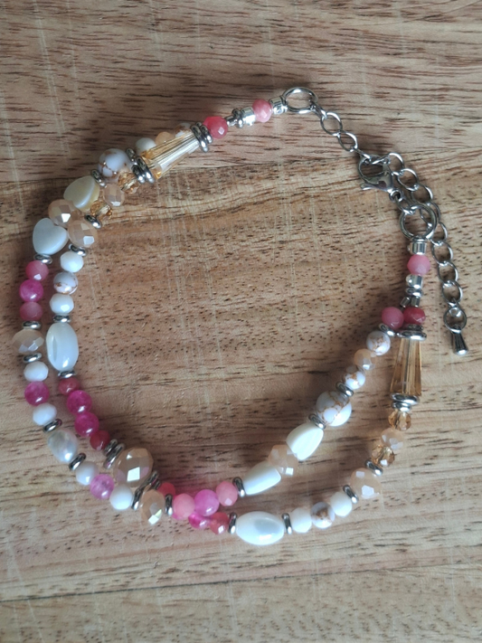 Double Strand Anklet - Coral & Magenta