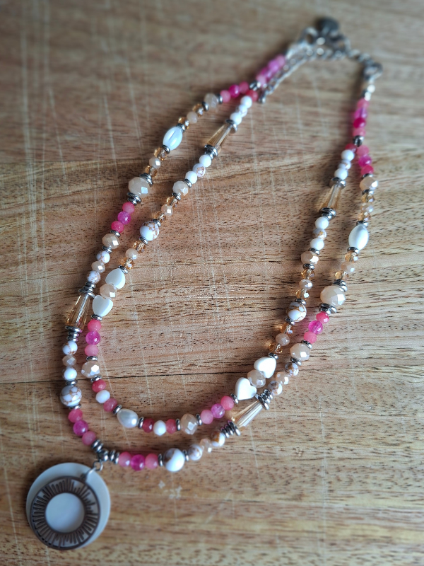 Sunburst Double Strand Necklace - Coral & Magenta