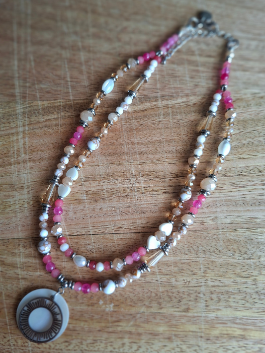 Sunburst Double Strand Necklace - Coral & Magenta