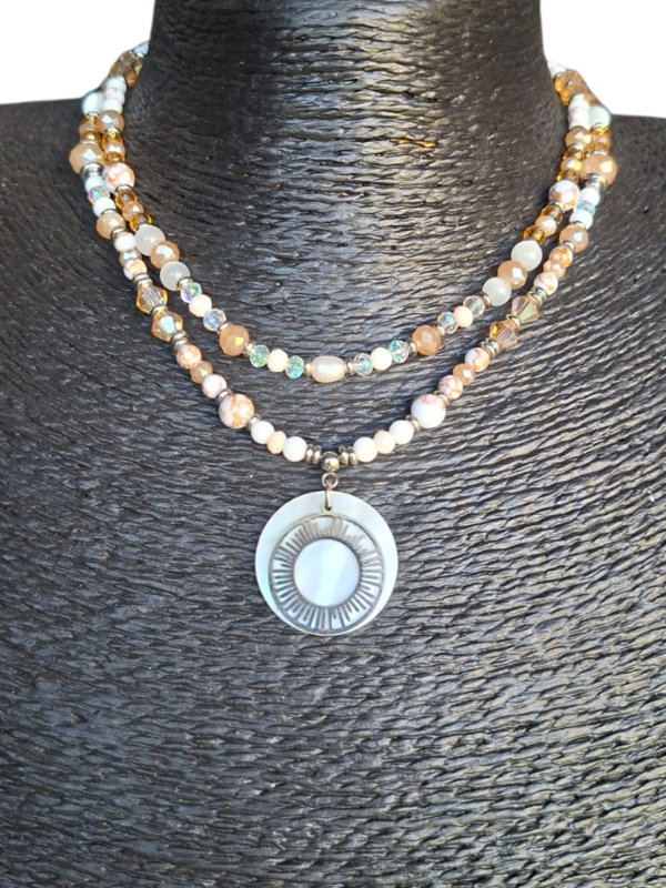 Sunburst Double Strand Necklace - Beige, Clear & White